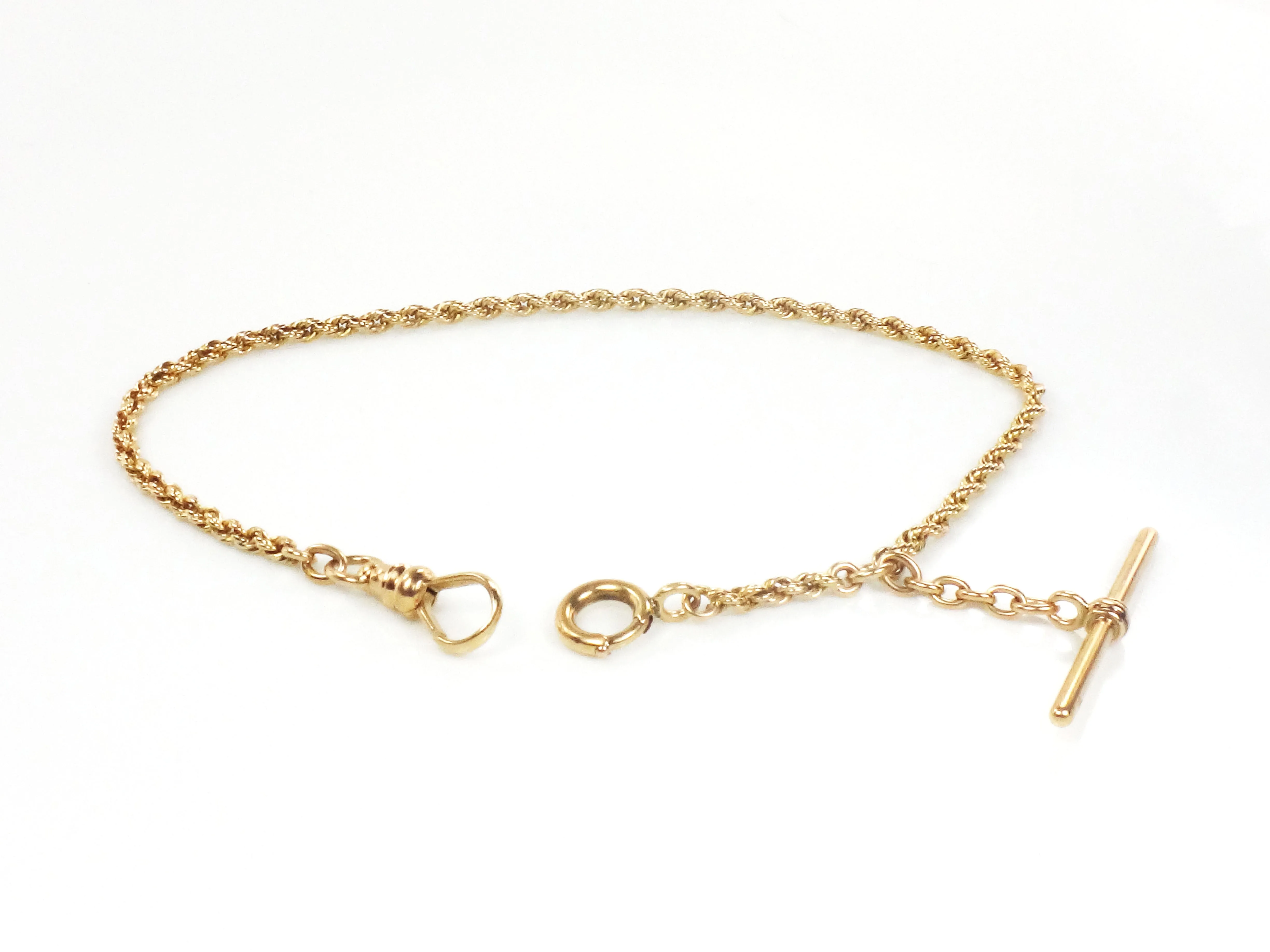 Antique 14k Yellow Gold Watch Chain, Victorian Albert Pocket Watch Chain with T-Bar 10.5"