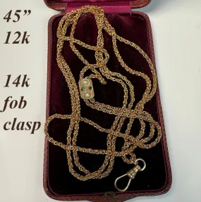 Antique 45" Fob Chain, 12k Gold with Jeweled Slide and 14k Clasp, In Original French Watch Chain Box