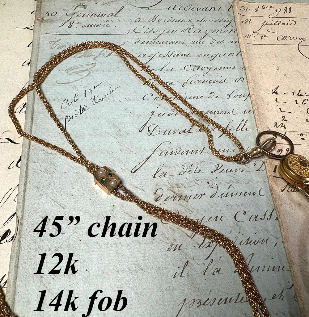 Antique 45" Fob Chain, 12k Gold with Jeweled Slide and 14k Clasp, In Original French Watch Chain Box