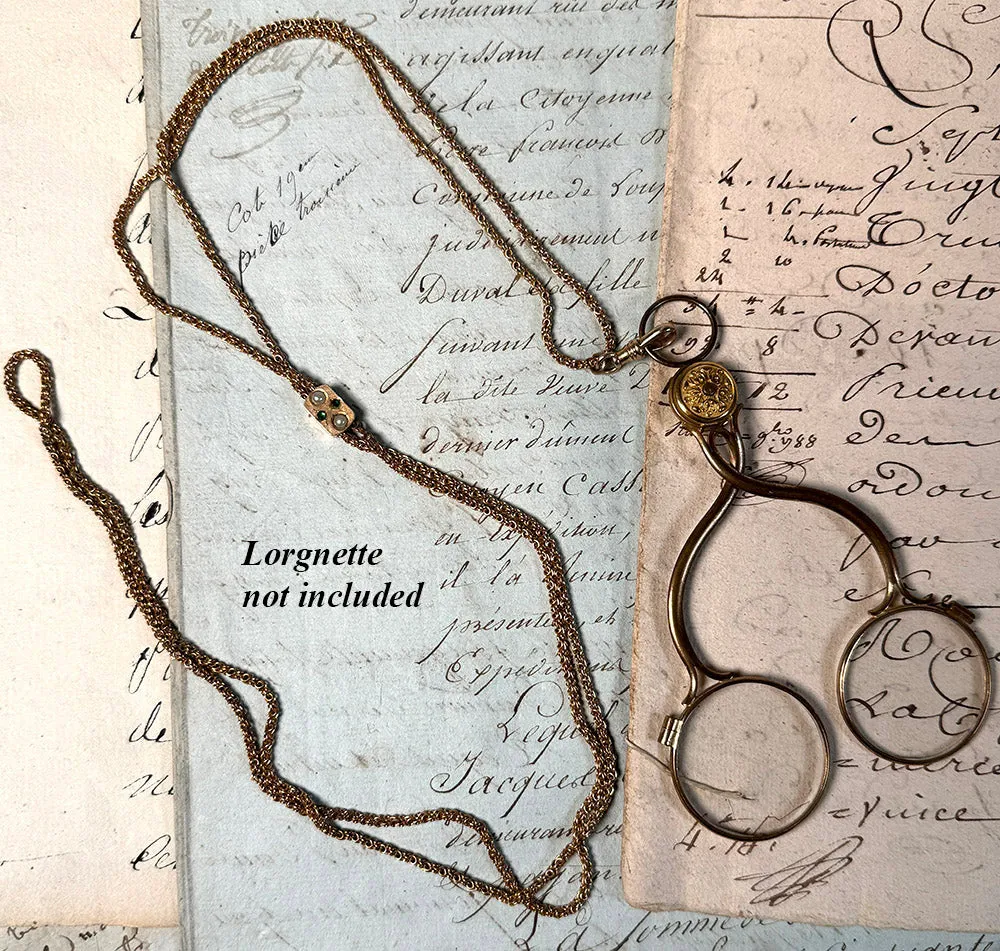 Antique 45" Fob Chain, 12k Gold with Jeweled Slide and 14k Clasp, In Original French Watch Chain Box