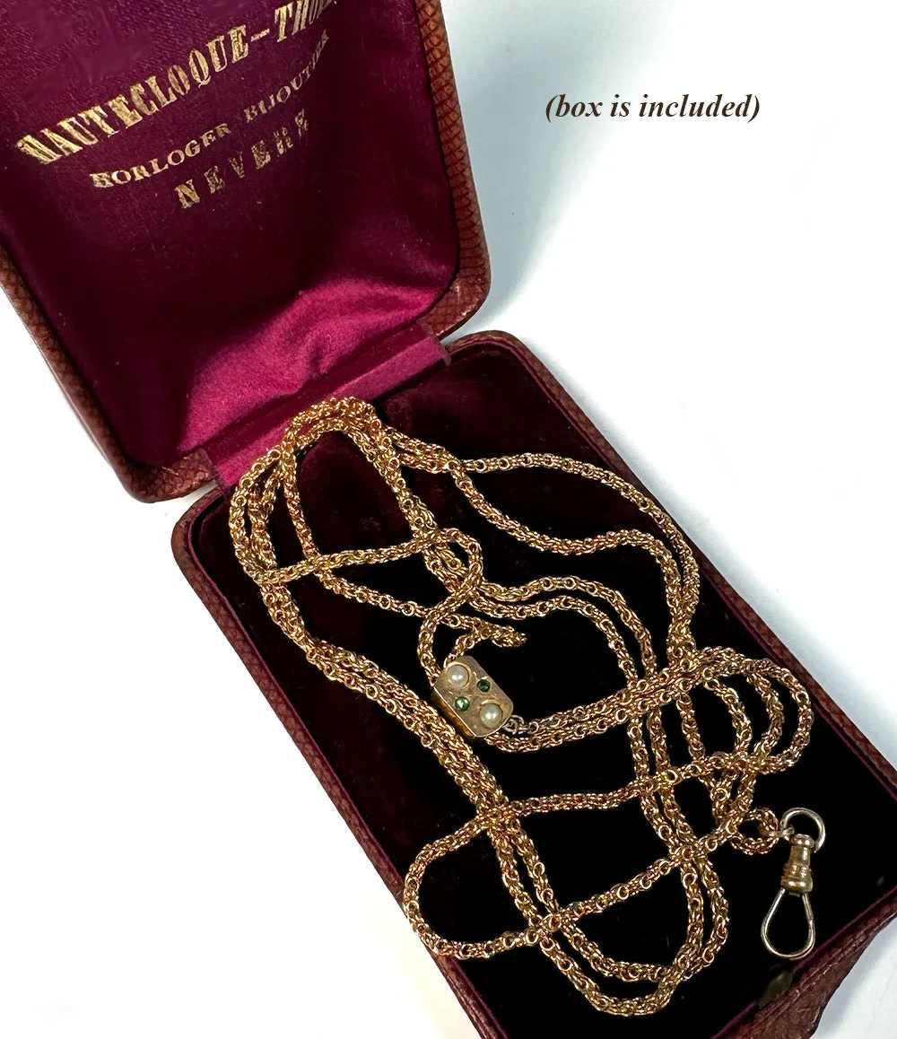Antique 45" Fob Chain, 12k Gold with Jeweled Slide and 14k Clasp, In Original French Watch Chain Box