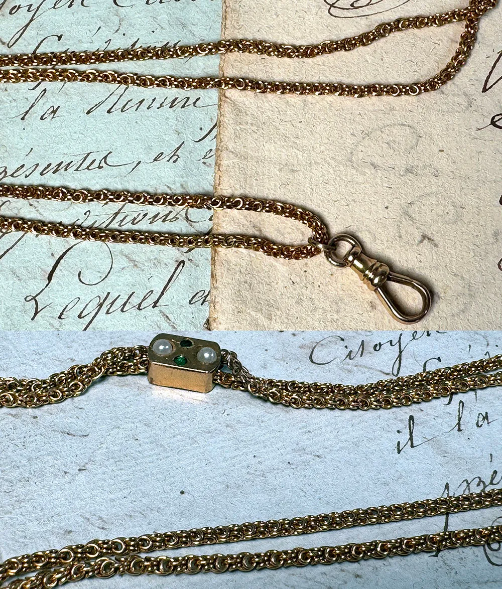 Antique 45" Fob Chain, 12k Gold with Jeweled Slide and 14k Clasp, In Original French Watch Chain Box