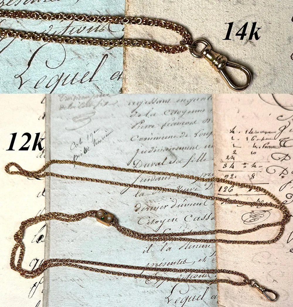 Antique 45" Fob Chain, 12k Gold with Jeweled Slide and 14k Clasp, In Original French Watch Chain Box