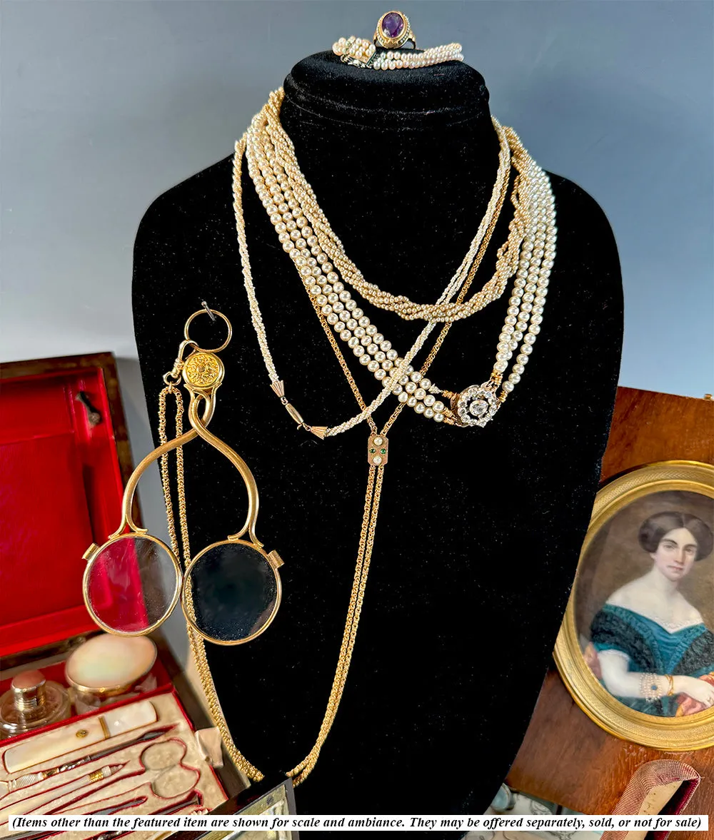 Antique 45" Fob Chain, 12k Gold with Jeweled Slide and 14k Clasp, In Original French Watch Chain Box