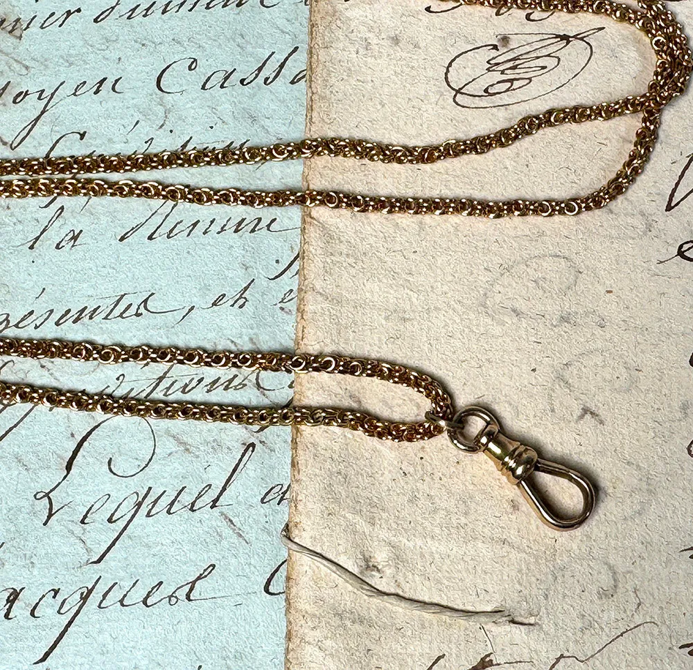 Antique 45" Fob Chain, 12k Gold with Jeweled Slide and 14k Clasp, In Original French Watch Chain Box