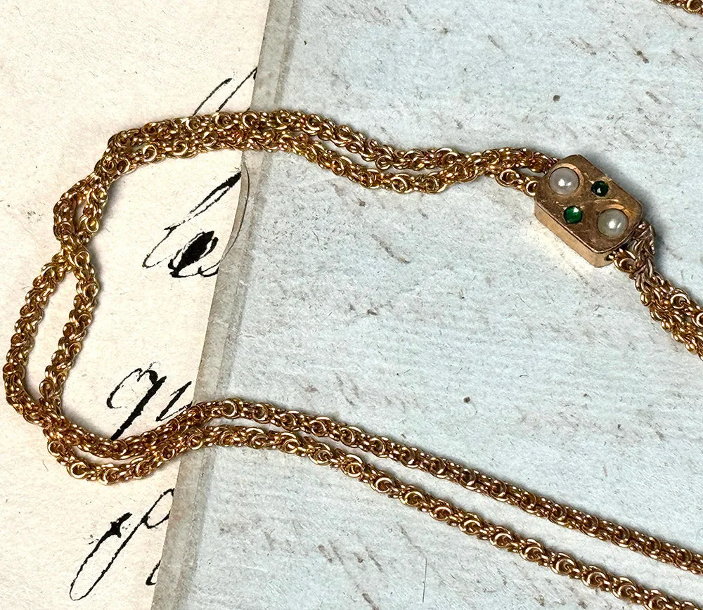 Antique 45" Fob Chain, 12k Gold with Jeweled Slide and 14k Clasp, In Original French Watch Chain Box