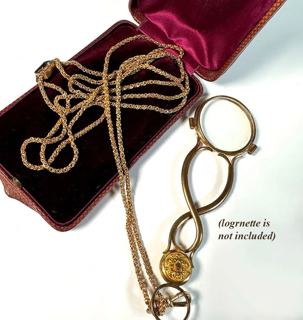 Antique 45" Fob Chain, 12k Gold with Jeweled Slide and 14k Clasp, In Original French Watch Chain Box