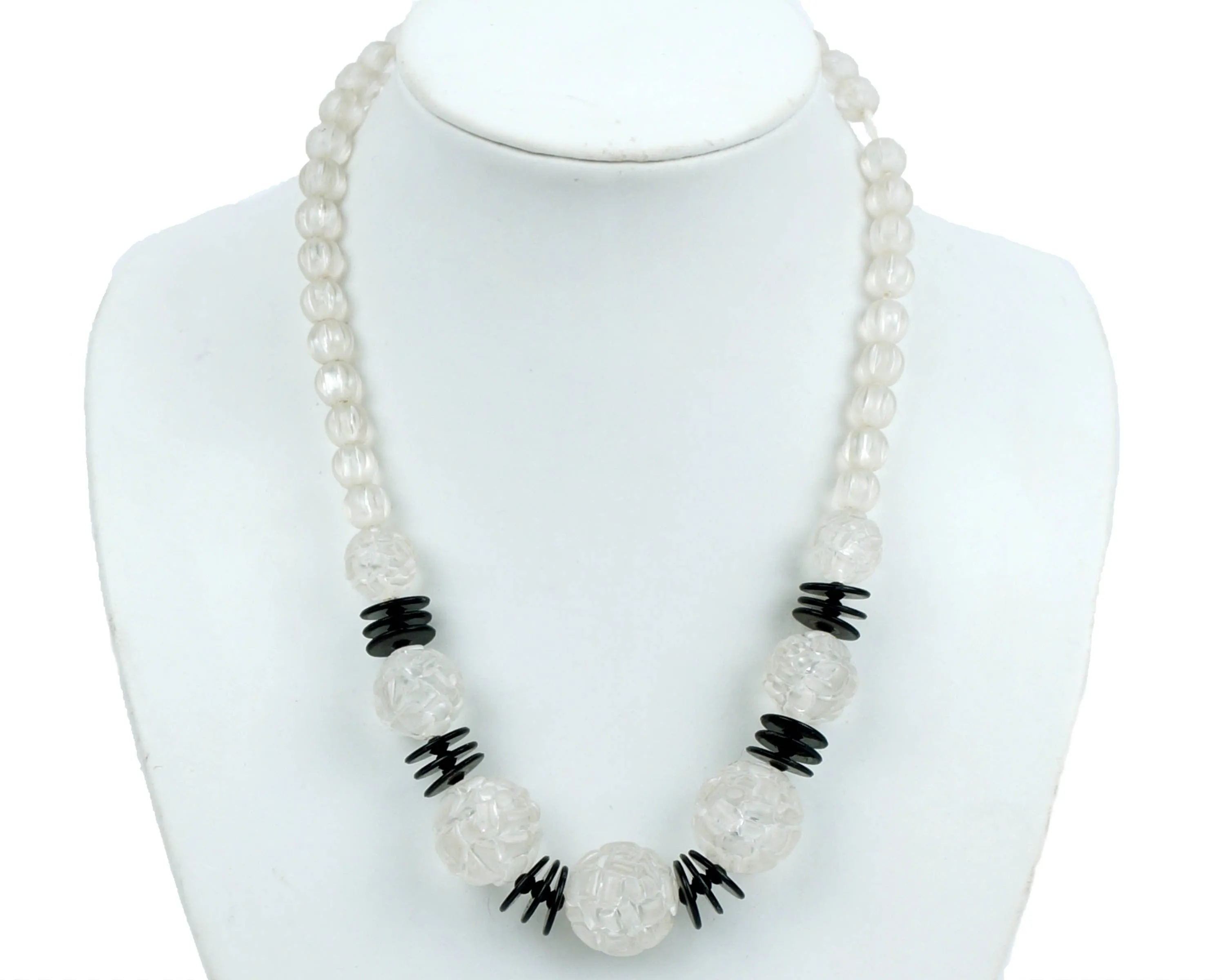 Art Deco Plastic Necklace 1930s Clear Beads with Black Flying Saucer Spacers