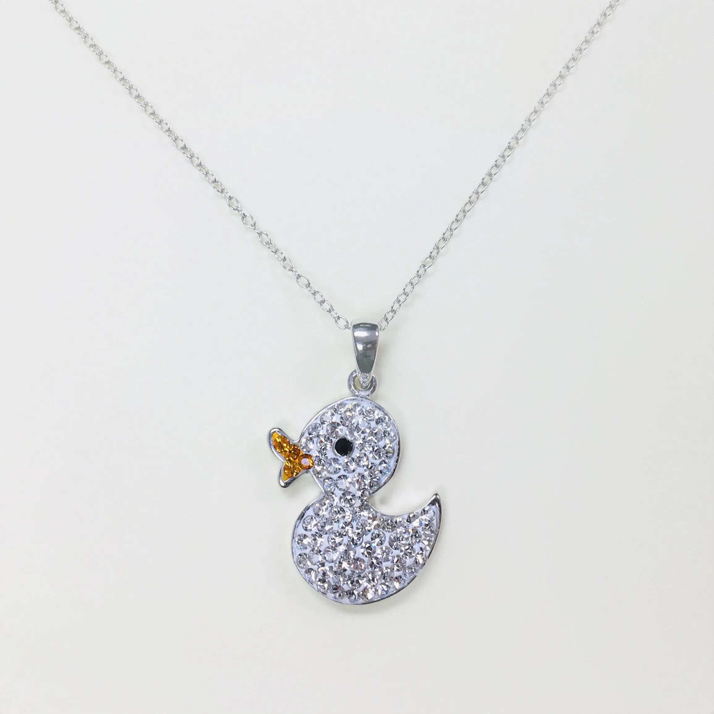 Clear White Crystal Duck Silver Necklace