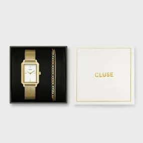 Cluse Gift Box Fluette Mesh White Watch and Double Chain Bracelet, Gold Colour