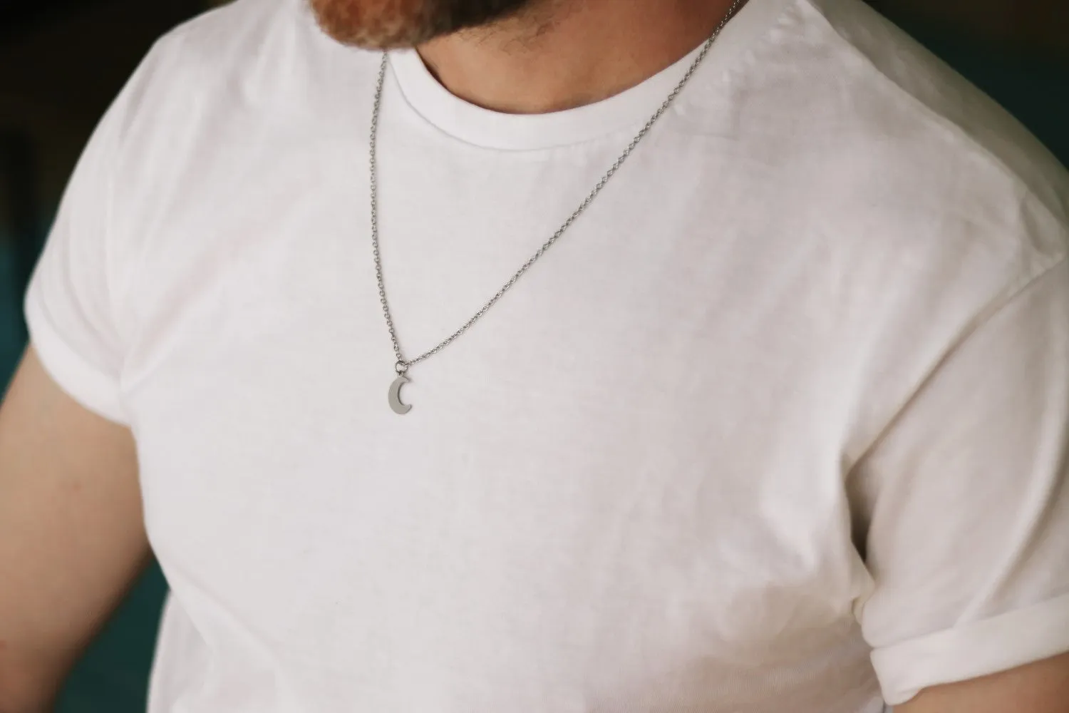 Crescent moon chain necklace for men, silver half moon pendant, gift for him, waterproof necklace