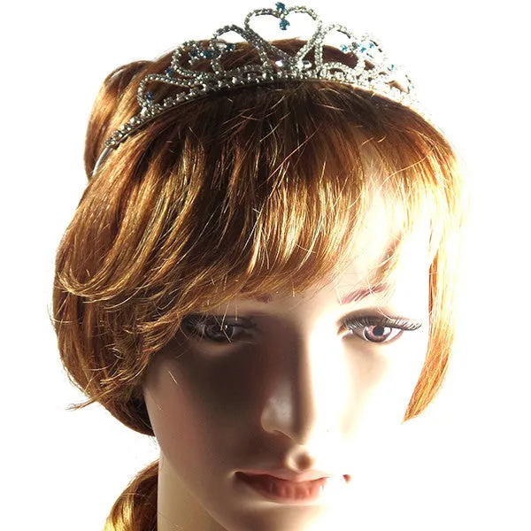 Crystal Hearts Tiara with Light Blue Rhinestones for Wedding and Prom