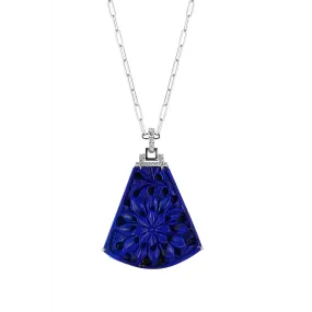 Frederic Sage 14K White Gold Carved Triangular Lapis Pendant with Diamond Bail on Paperclip Chain Necklace