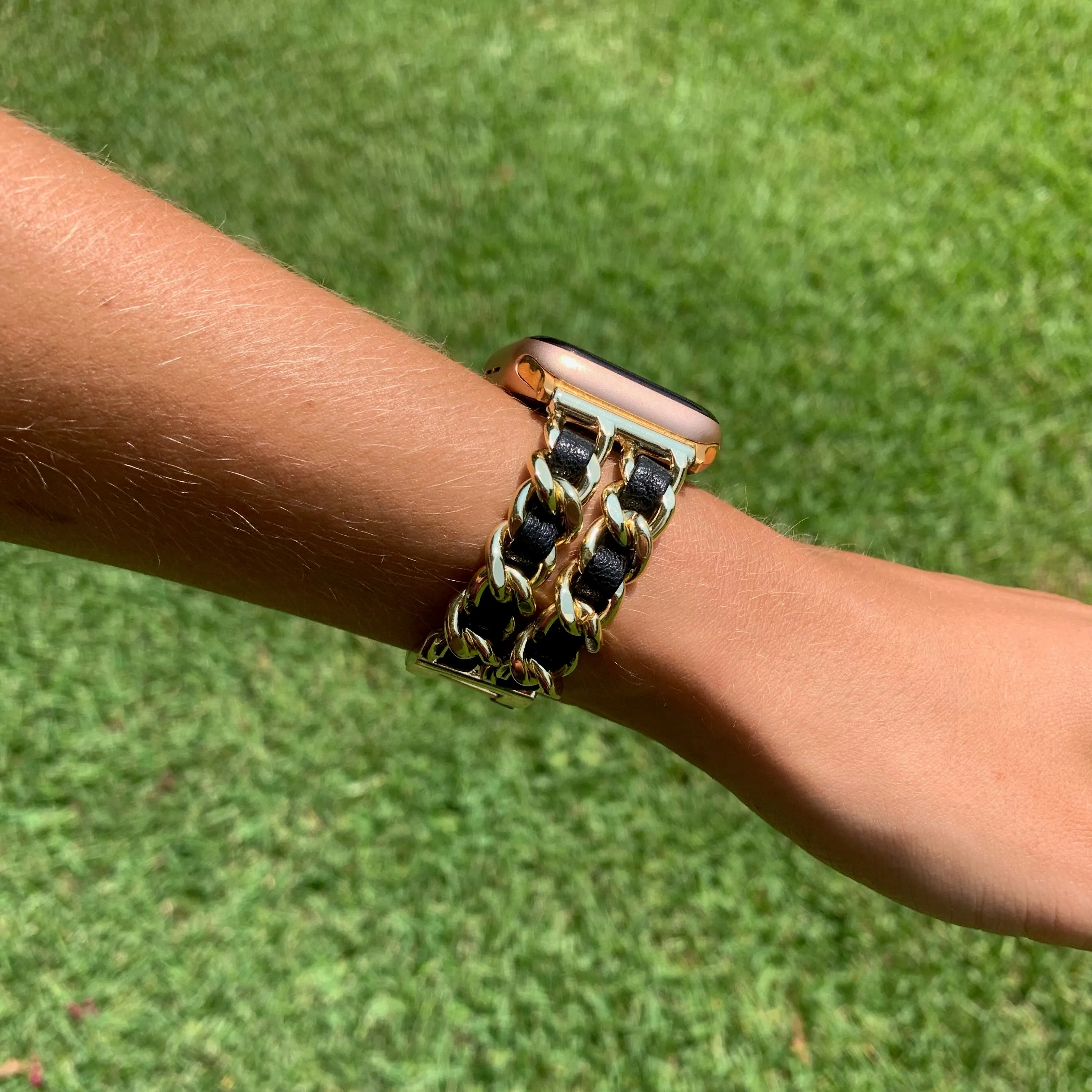 Gold Chain And Black Leather Apple Watch Band