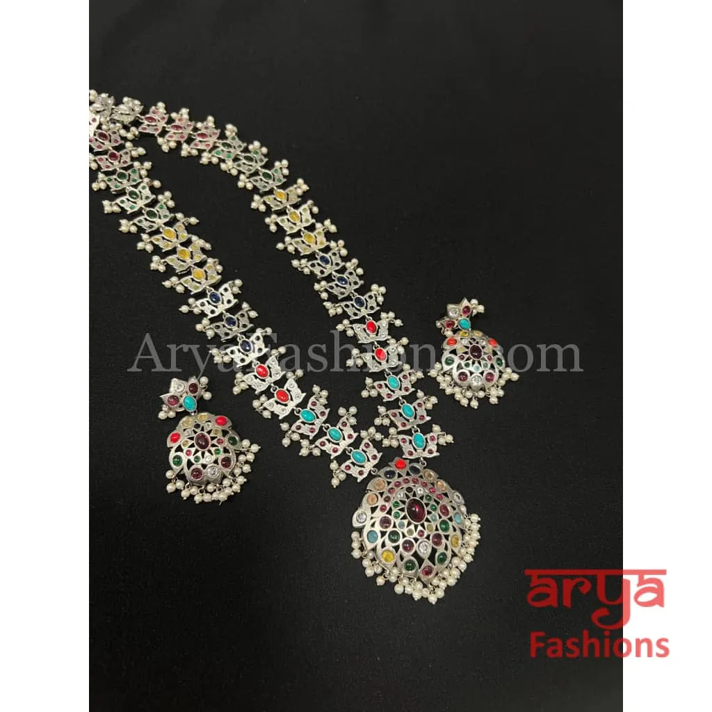 Indian Oxidized Silver Multicolor Stone Haram Necklace