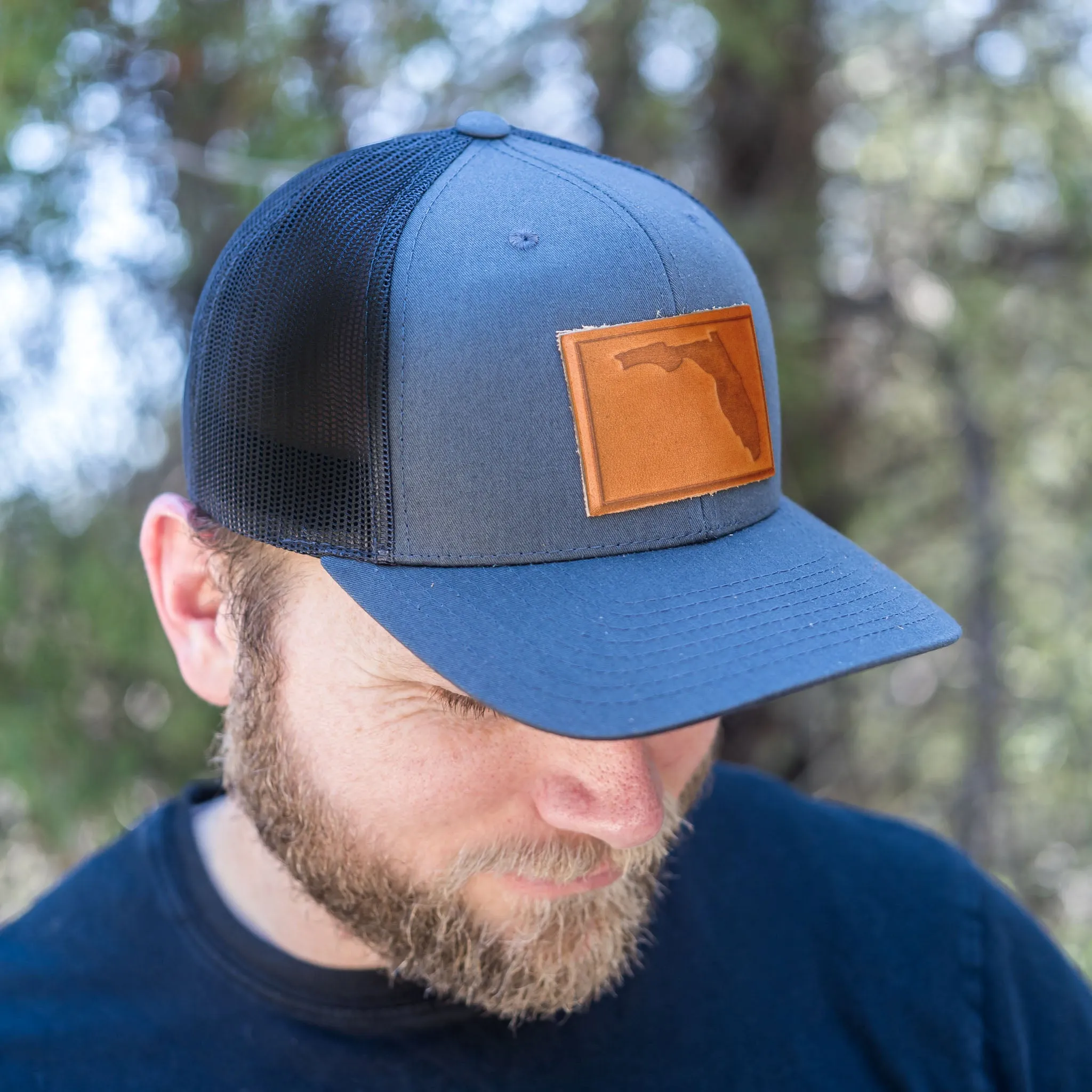 Leather Patch Trucker Style Hat - Florida Stamp