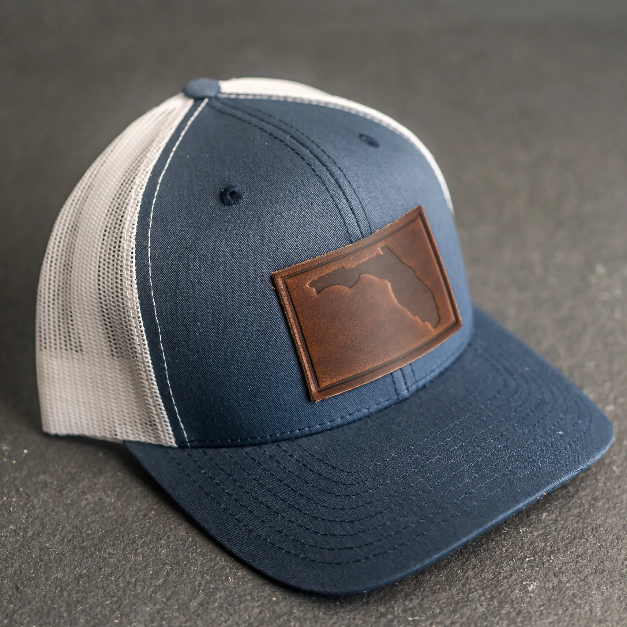 Leather Patch Trucker Style Hat - Florida Stamp