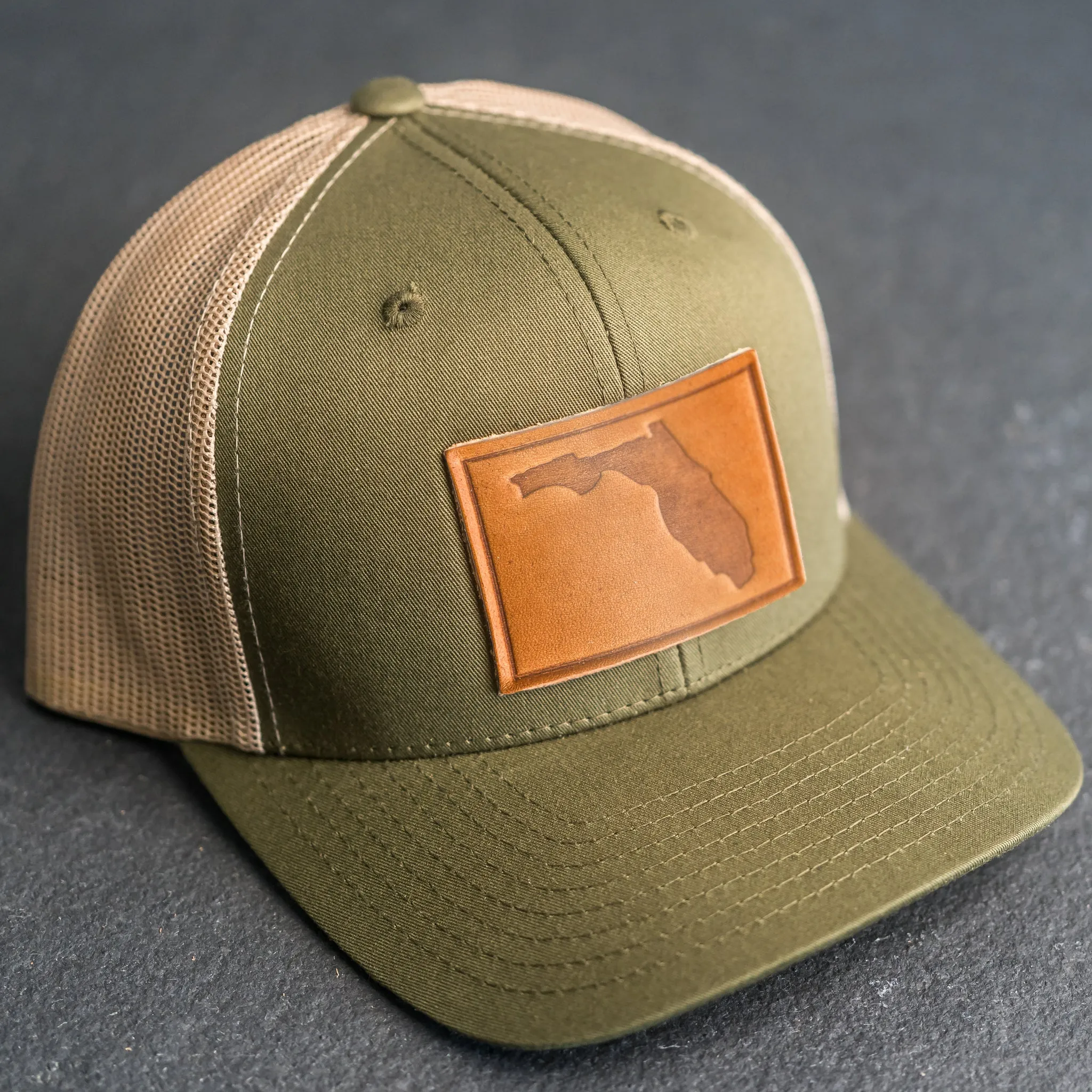 Leather Patch Trucker Style Hat - Florida Stamp