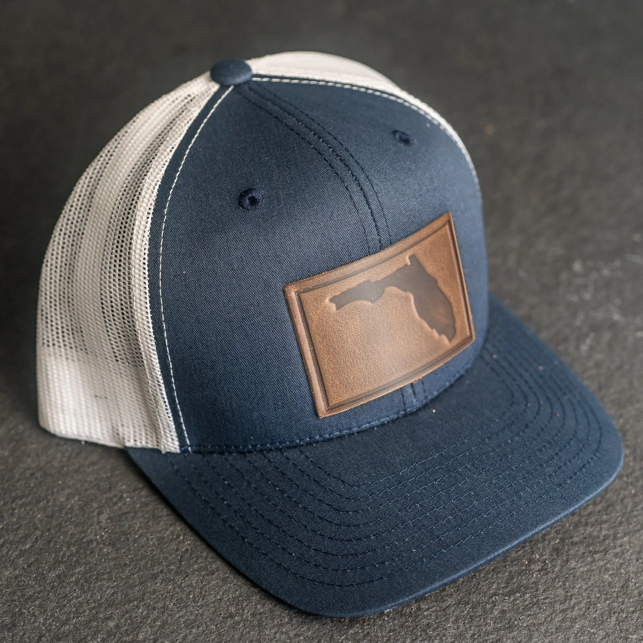Leather Patch Trucker Style Hat - Florida Stamp