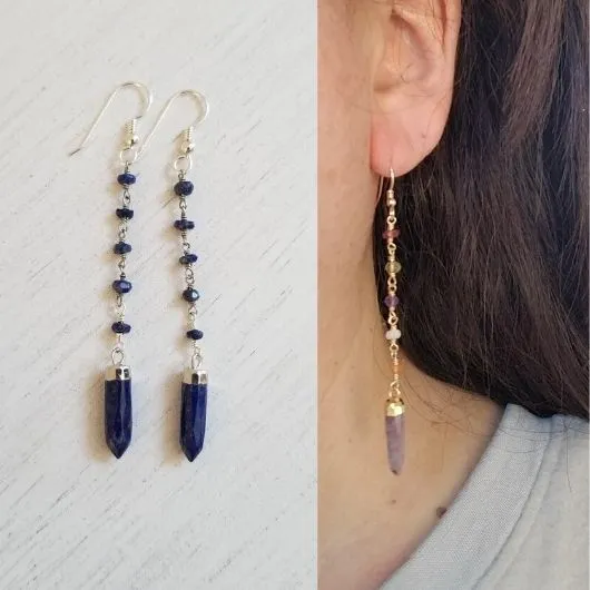 Long Lapis Lazuli Earrings, Beaded Gemstone Earrings