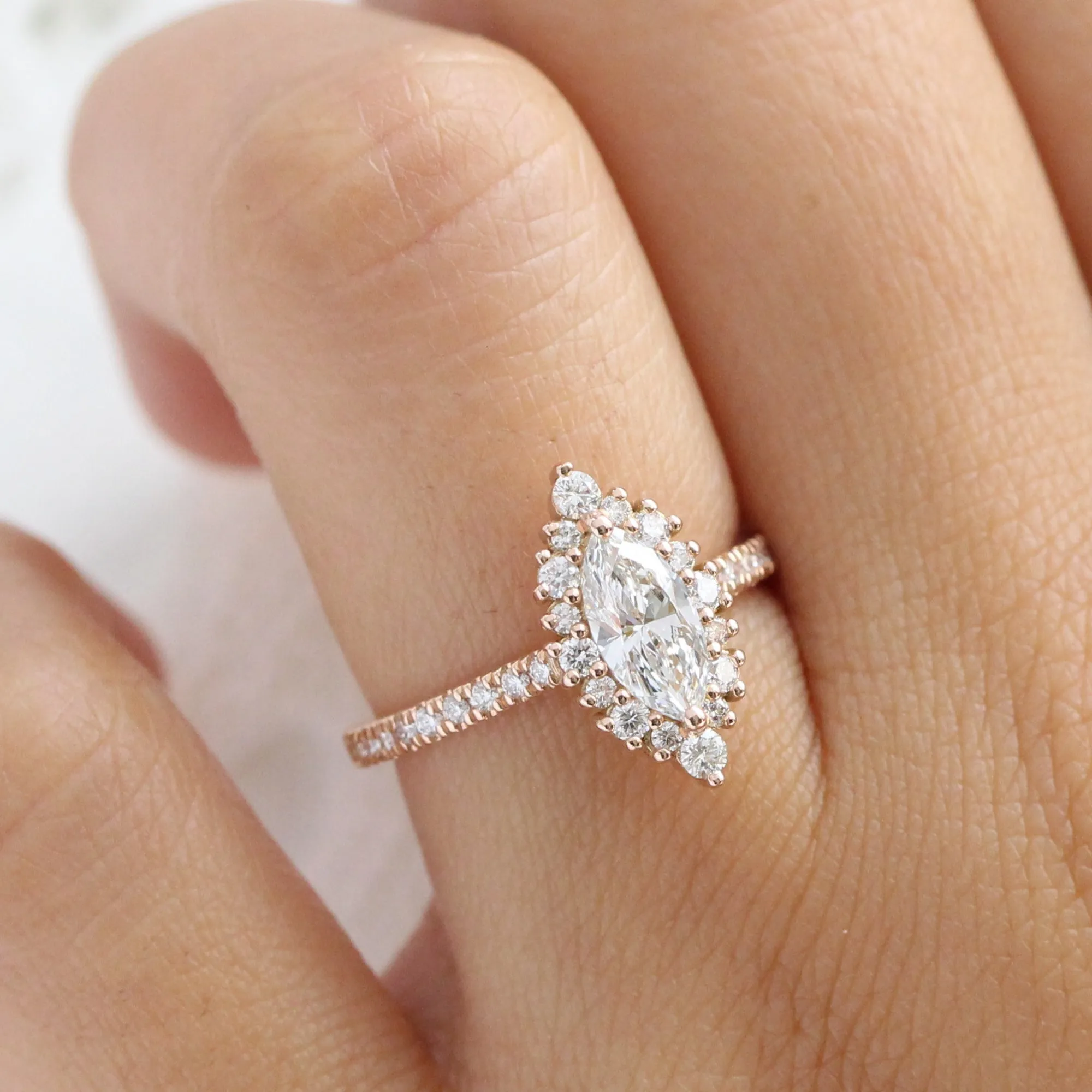Marquise Lab Diamond Ring Pave Band w/ Natural Diamonds in Tiara Halo Ring
