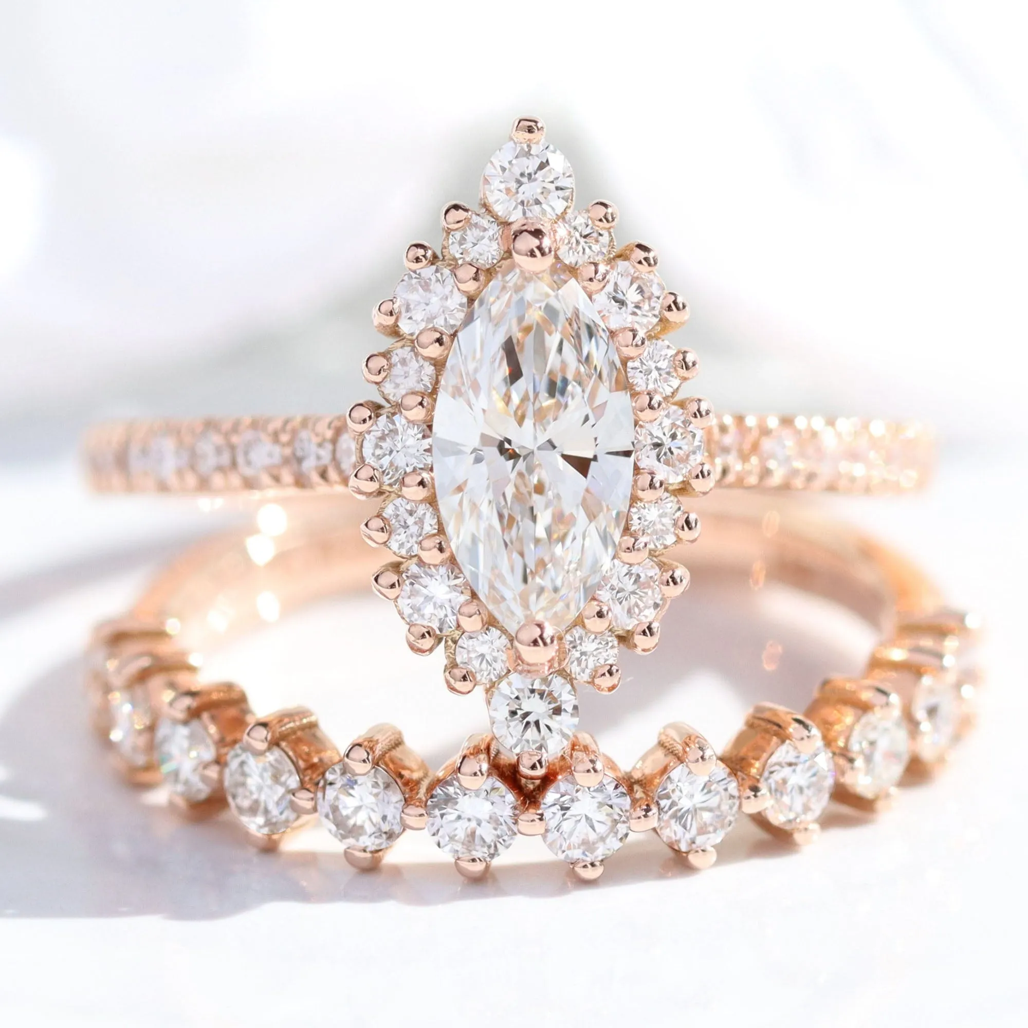 Marquise Lab Diamond Ring Pave Band w/ Natural Diamonds in Tiara Halo Ring