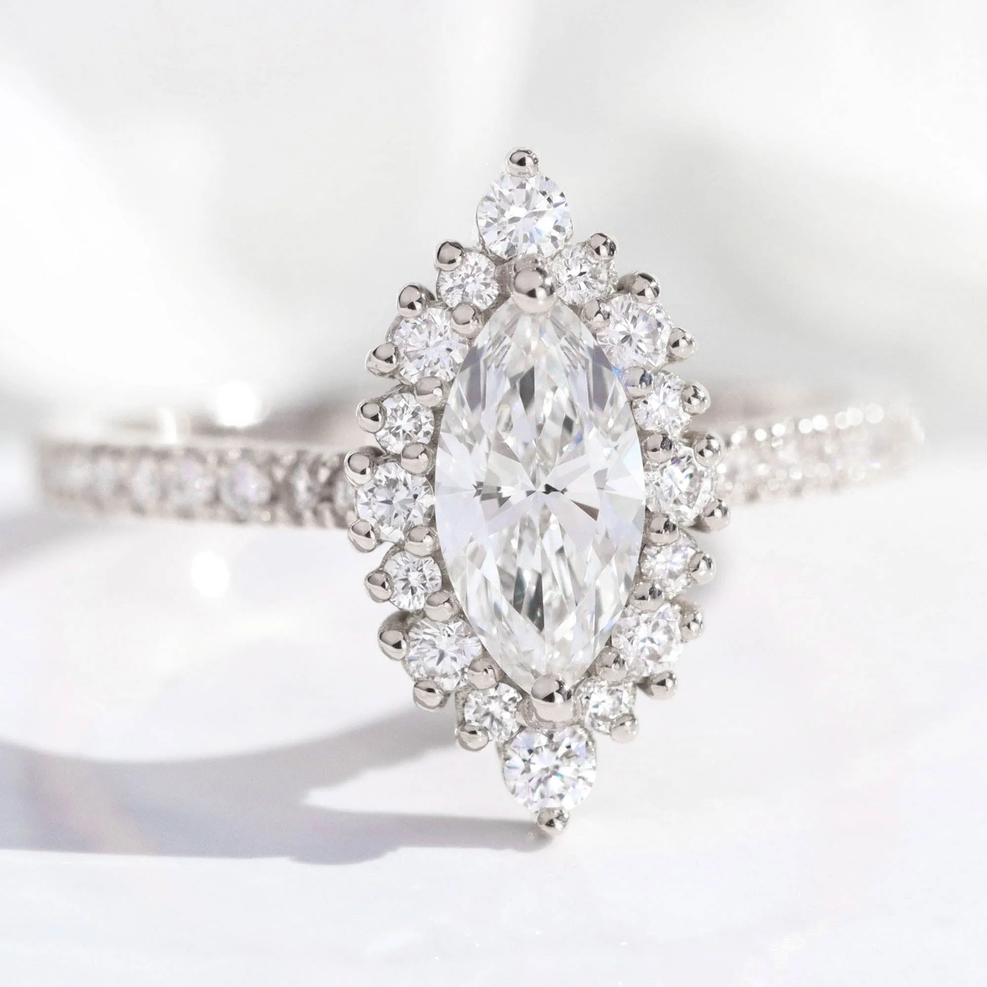 Marquise Lab Diamond Ring Pave Band w/ Natural Diamonds in Tiara Halo Ring