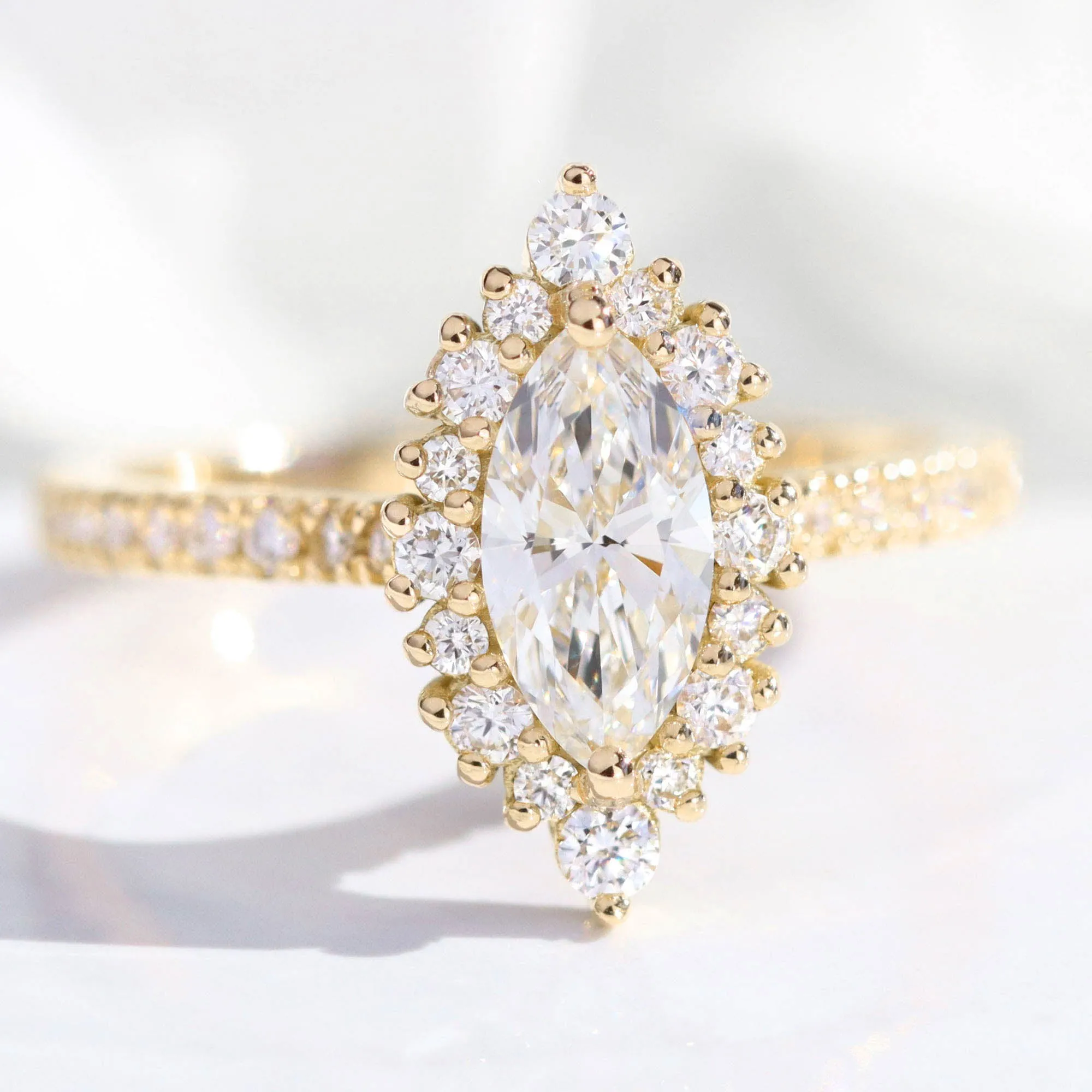 Marquise Lab Diamond Ring Pave Band w/ Natural Diamonds in Tiara Halo Ring