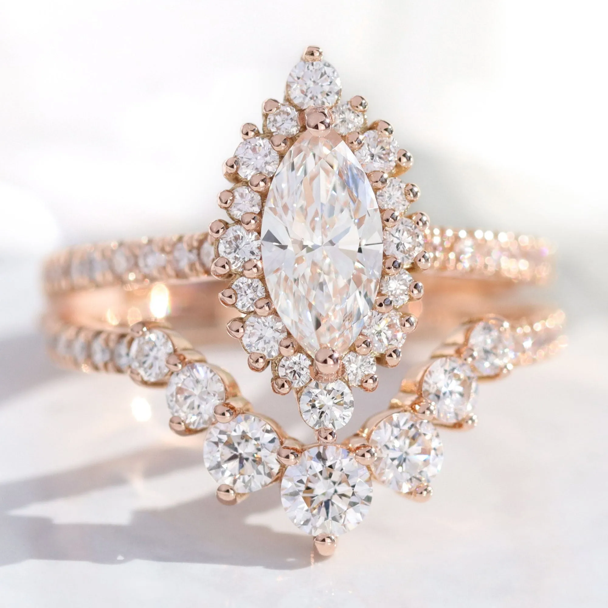 Marquise Lab Diamond Ring Pave Band w/ Natural Diamonds in Tiara Halo Ring