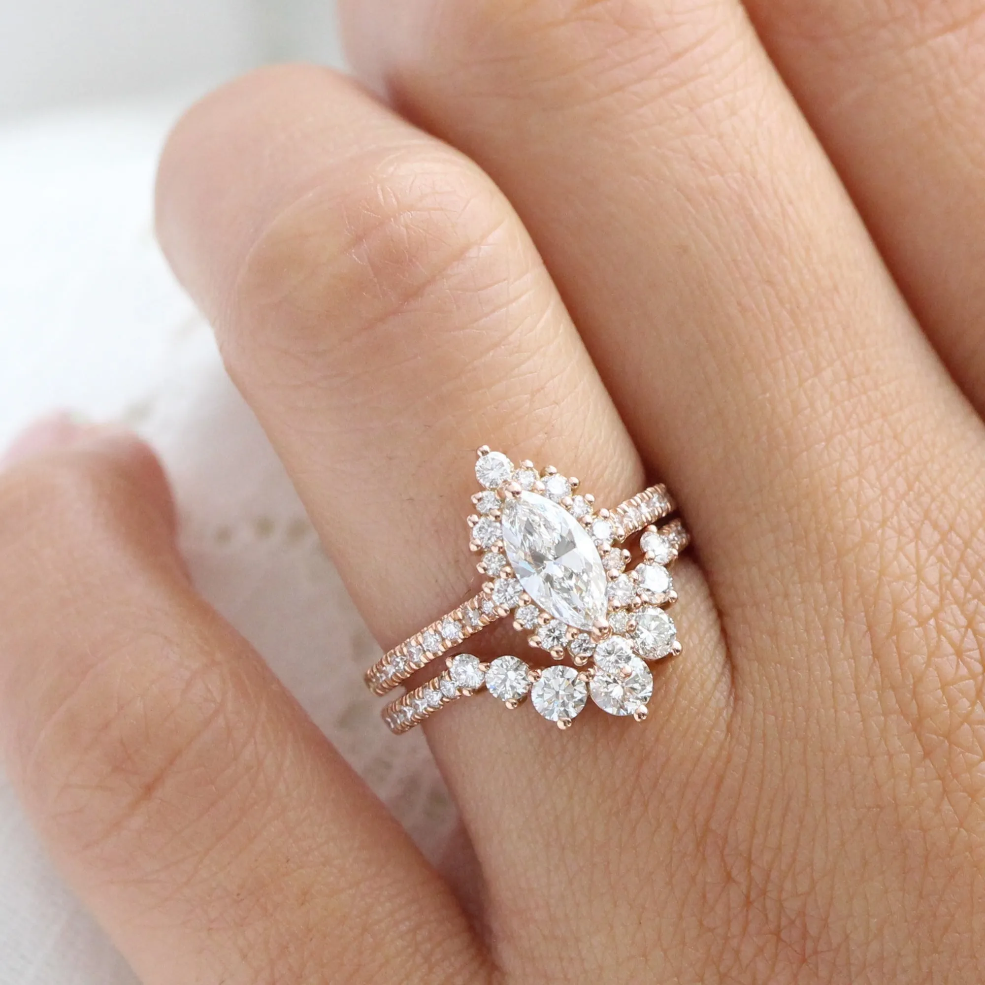 Marquise Lab Diamond Ring Pave Band w/ Natural Diamonds in Tiara Halo Ring