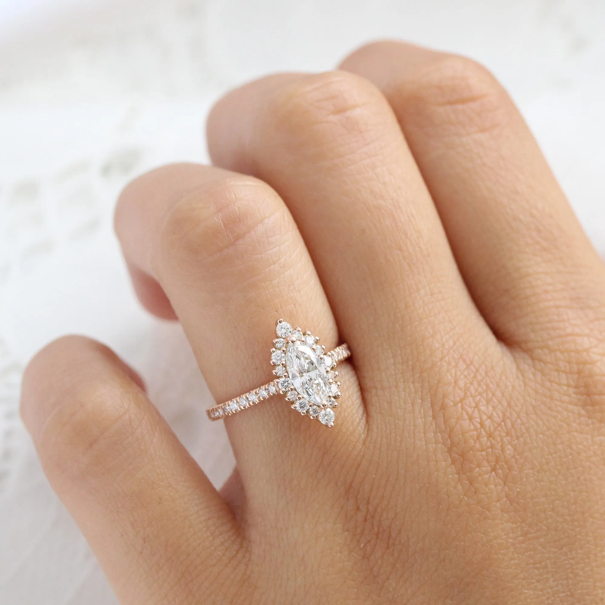 Marquise Lab Diamond Ring Pave Band w/ Natural Diamonds in Tiara Halo Ring