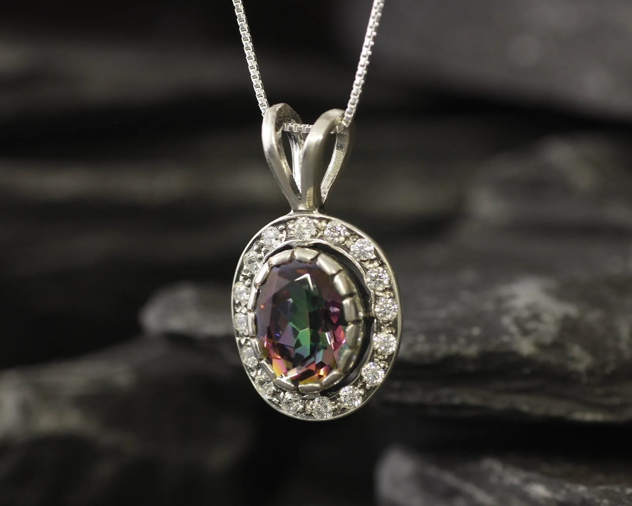 Mystic Topaz Pendant - Purple Vintage Necklace - Oval Topaz Necklace