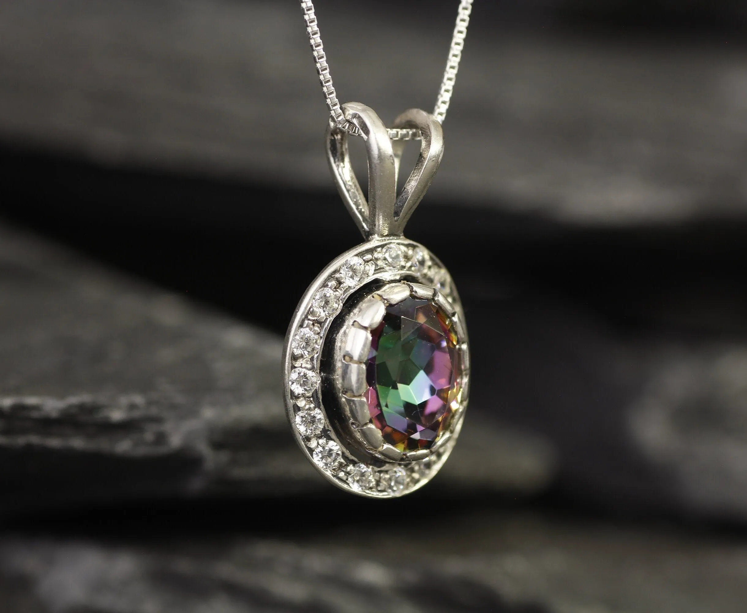 Mystic Topaz Pendant - Purple Vintage Necklace - Oval Topaz Necklace