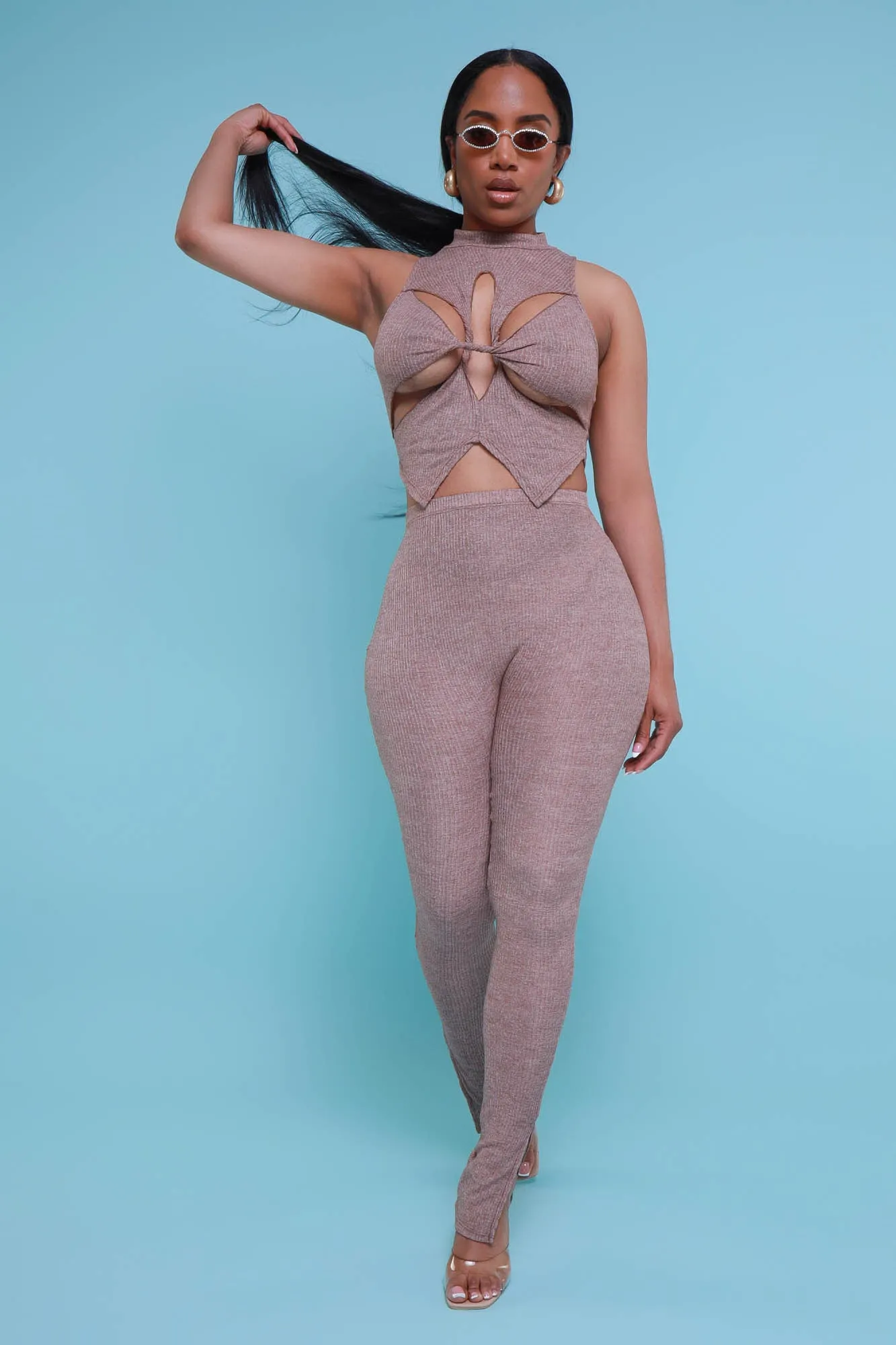 On Arrival Sleeveless Cut Out Legging Set - Taupe