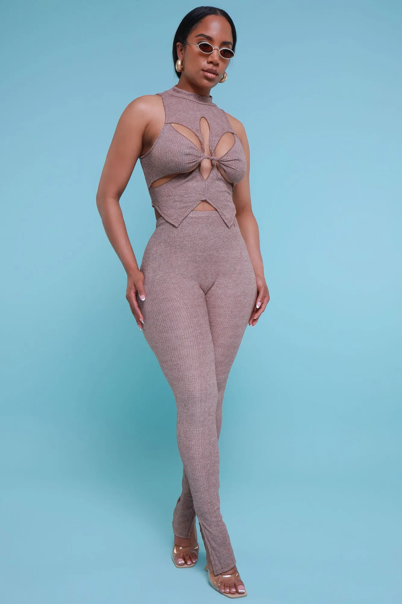 On Arrival Sleeveless Cut Out Legging Set - Taupe