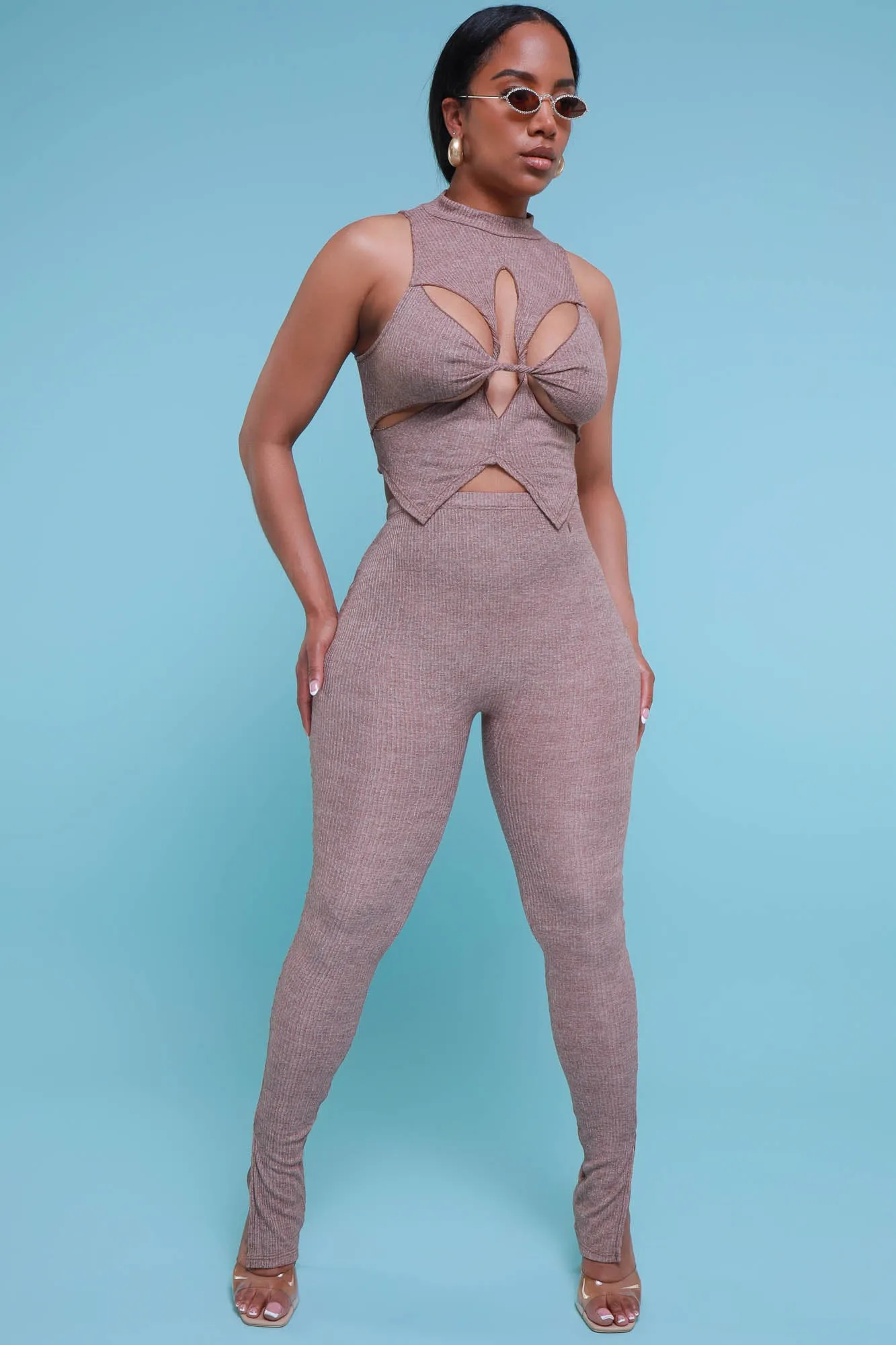 On Arrival Sleeveless Cut Out Legging Set - Taupe