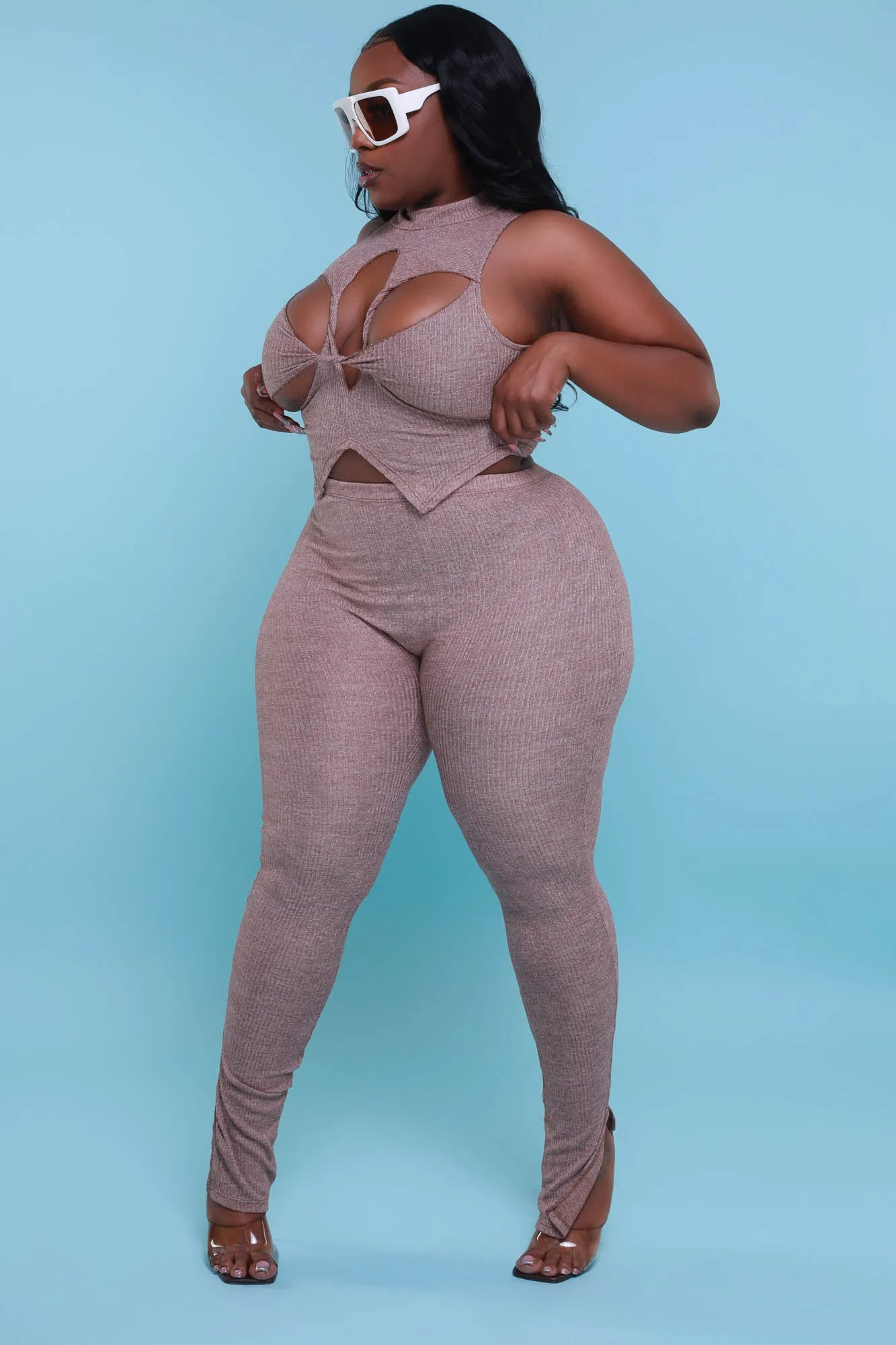 On Arrival Sleeveless Cut Out Legging Set - Taupe