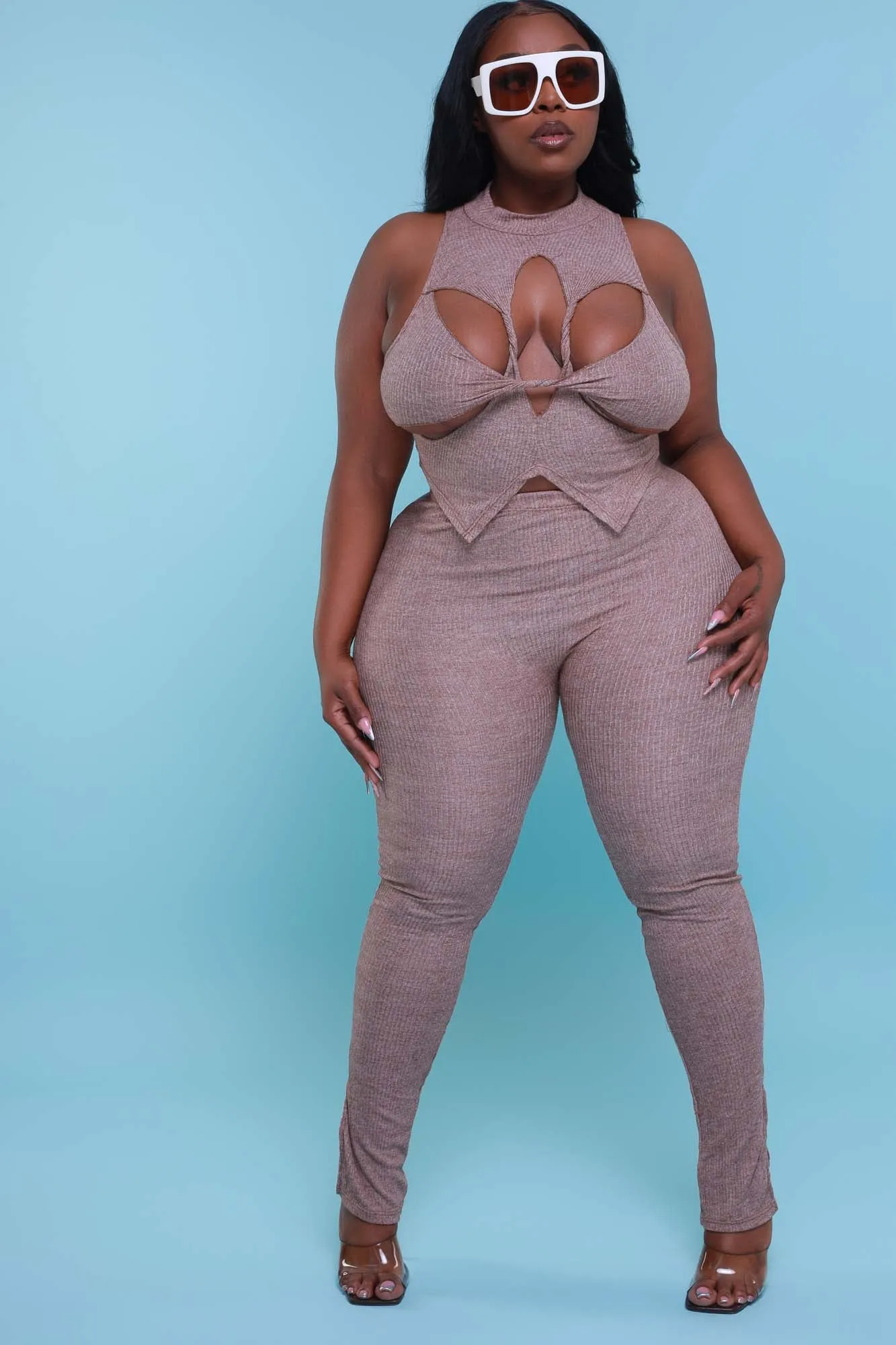 On Arrival Sleeveless Cut Out Legging Set - Taupe