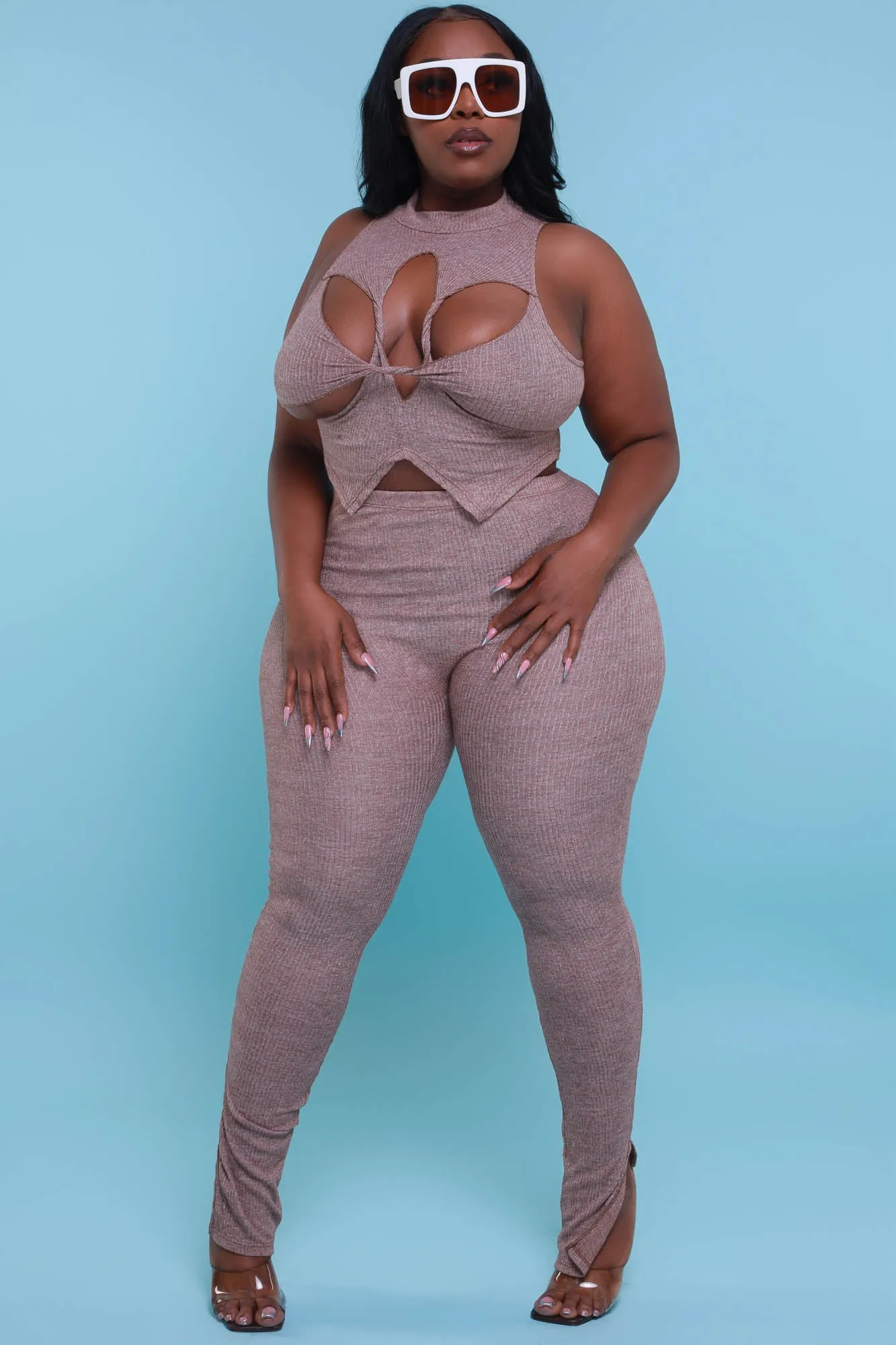 On Arrival Sleeveless Cut Out Legging Set - Taupe