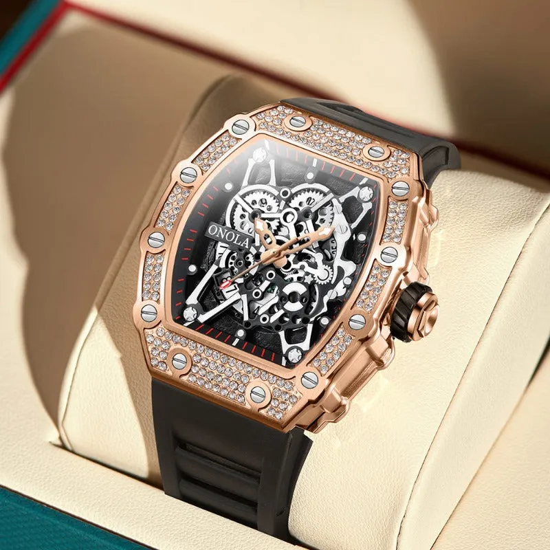 ONOLA 43mm Luxury Men's Diamond Bezel Watch Skeleton Quartz