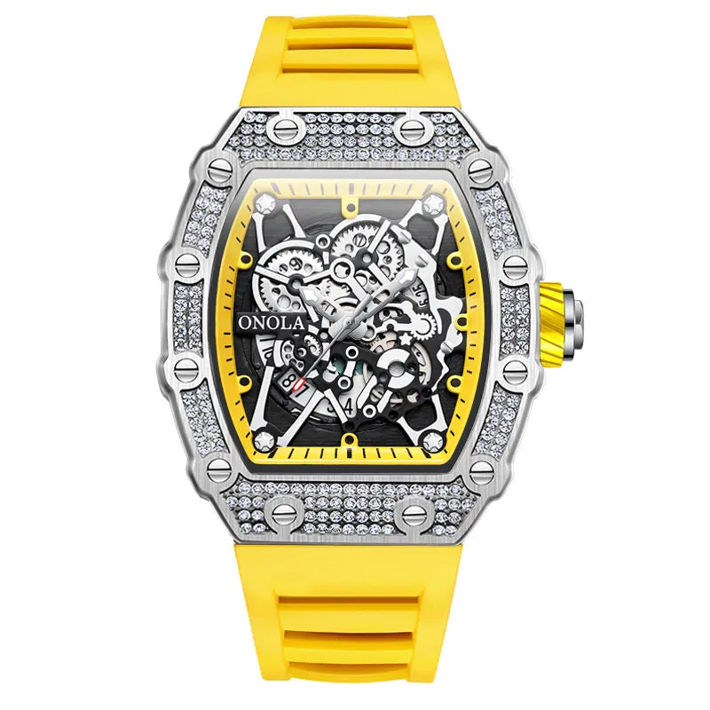 ONOLA 43mm Luxury Men's Diamond Bezel Watch Skeleton Quartz