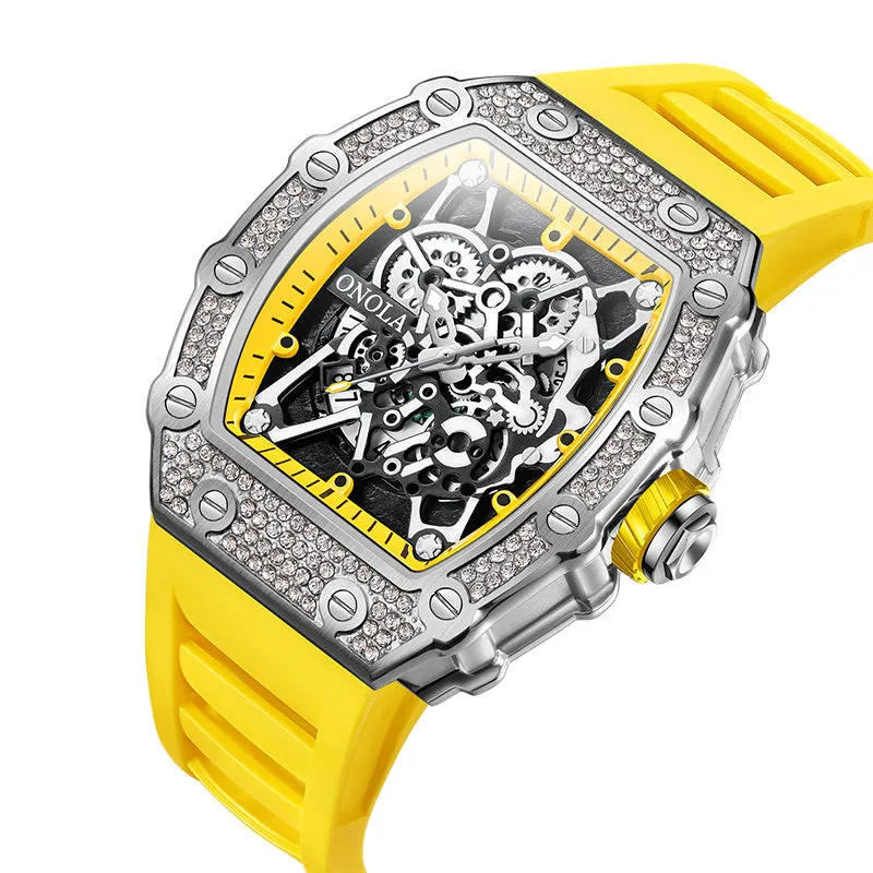 ONOLA 43mm Luxury Men's Diamond Bezel Watch Skeleton Quartz