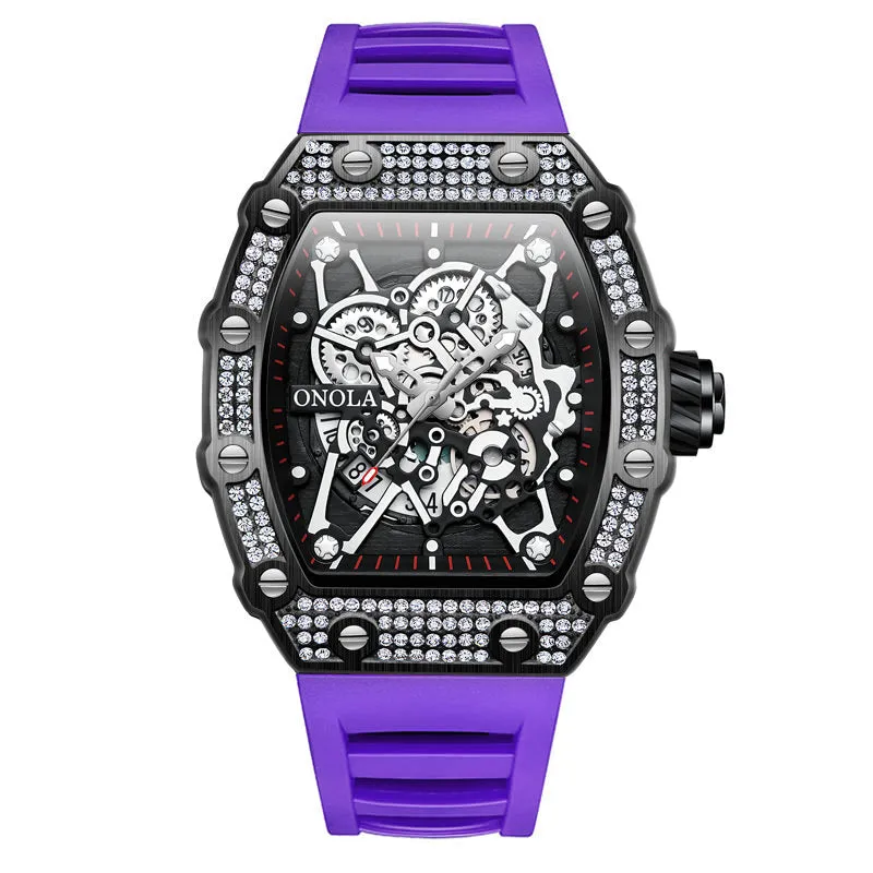 ONOLA 43mm Luxury Men's Diamond Bezel Watch Skeleton Quartz
