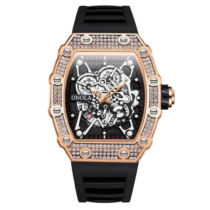 ONOLA 43mm Luxury Men's Diamond Bezel Watch Skeleton Quartz