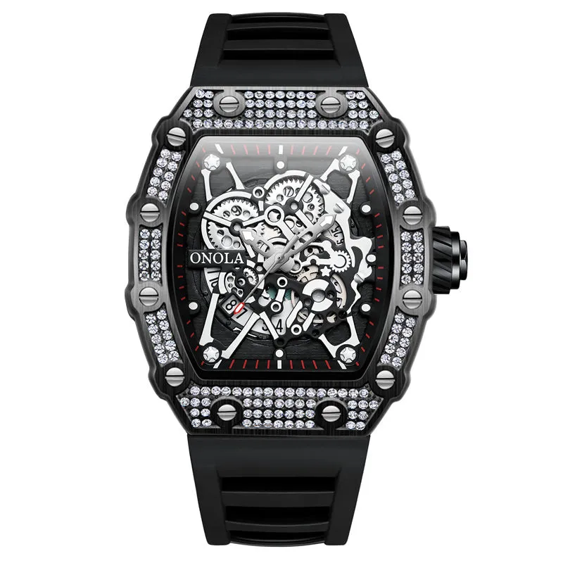 ONOLA 43mm Luxury Men's Diamond Bezel Watch Skeleton Quartz