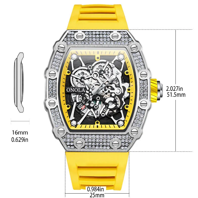 ONOLA 43mm Luxury Men's Diamond Bezel Watch Skeleton Quartz