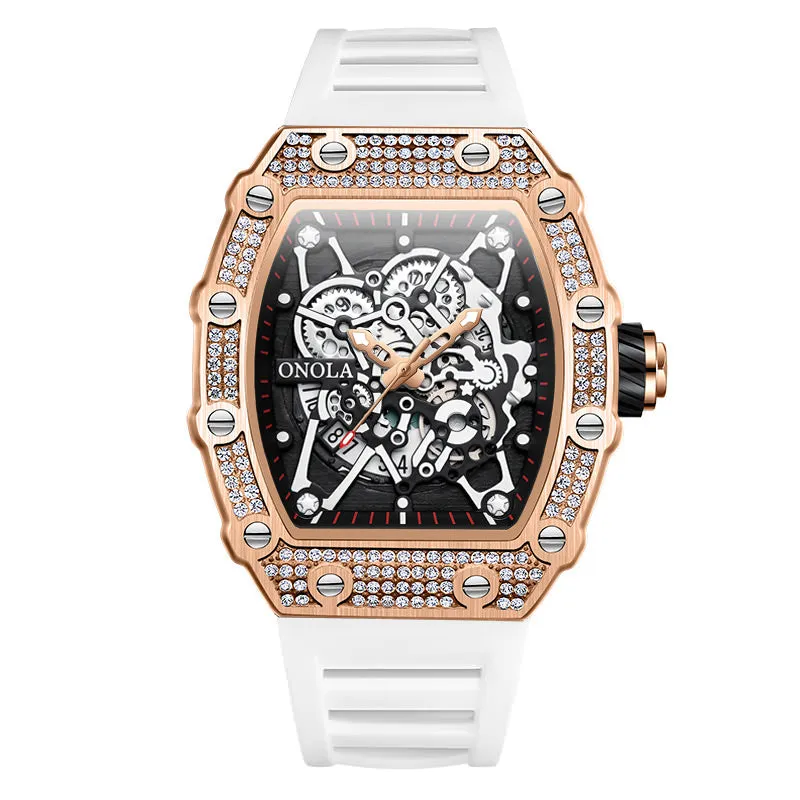 ONOLA 43mm Luxury Men's Diamond Bezel Watch Skeleton Quartz