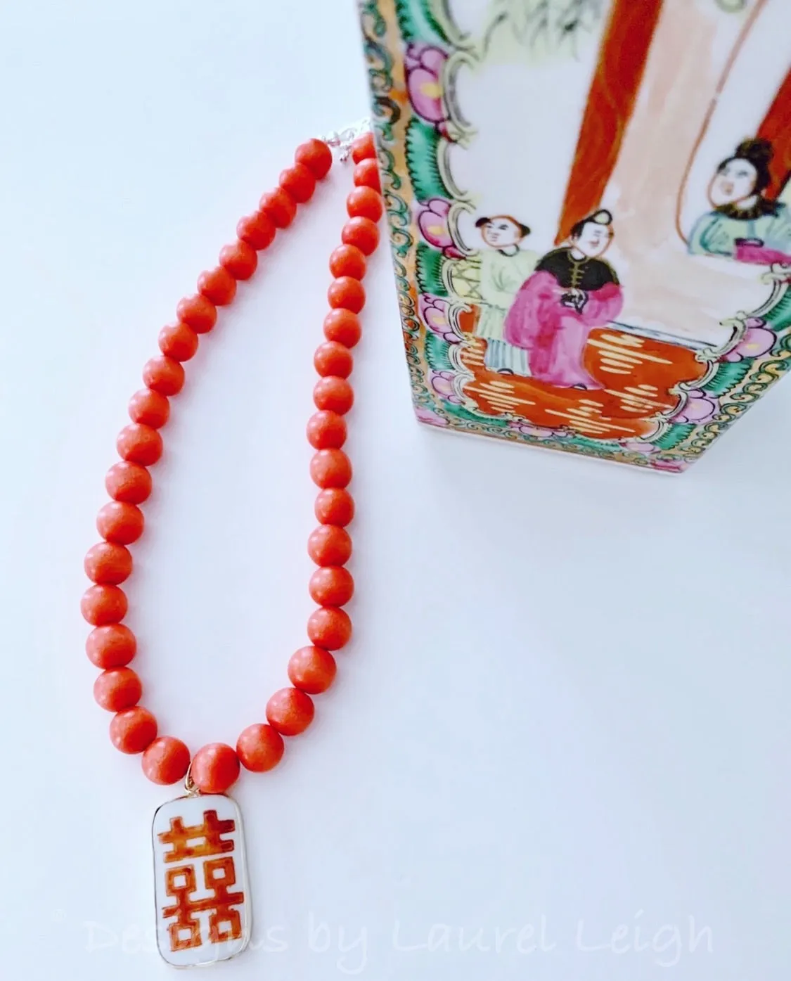 Orange Chinoiserie Pendant Necklace