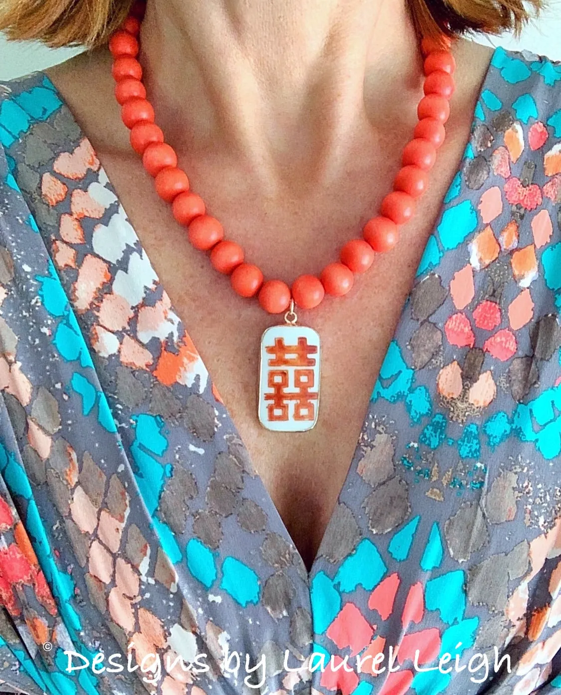 Orange Chinoiserie Pendant Necklace