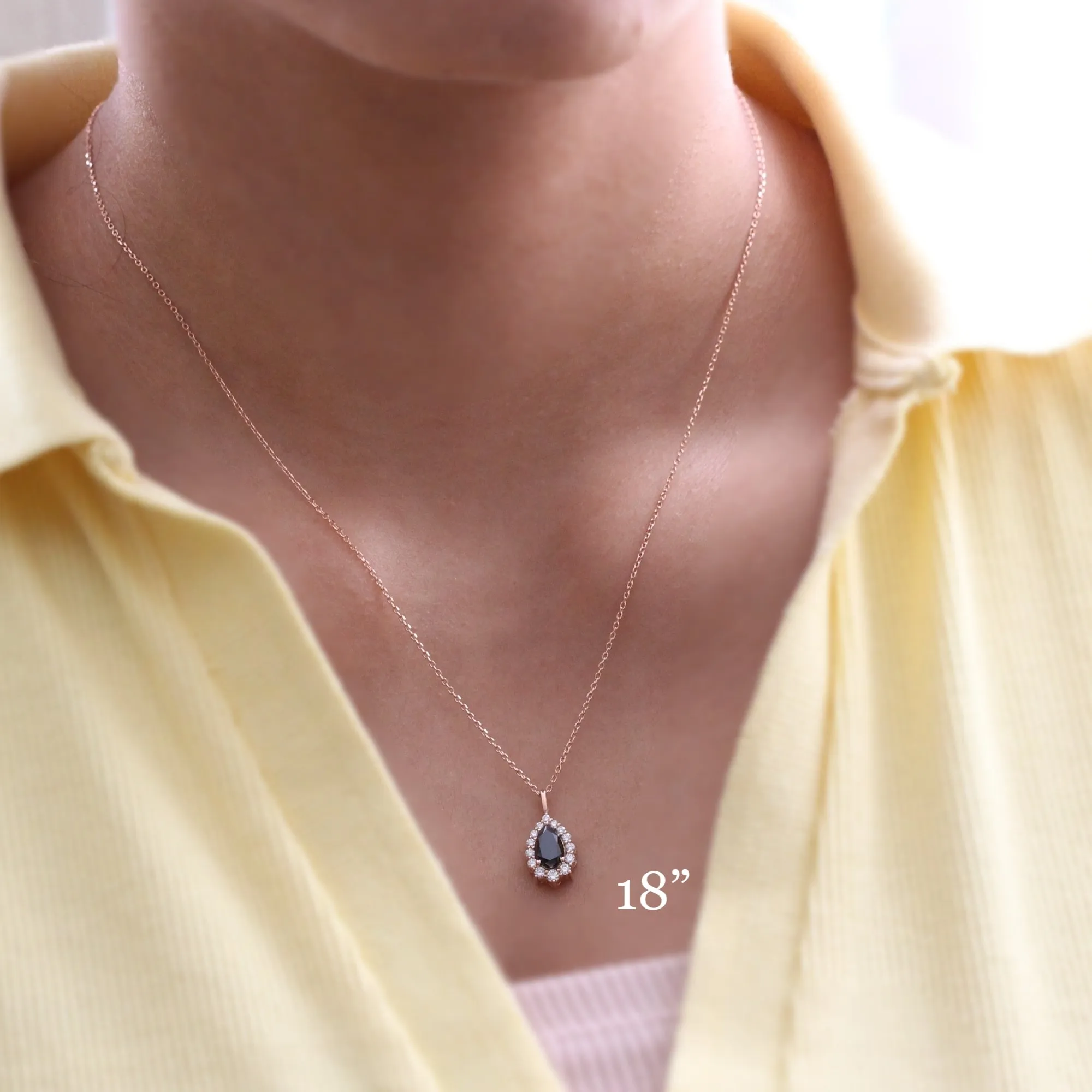 Pear Black Diamond Pendant in 14k Gold Tiara Halo Diamond Necklace